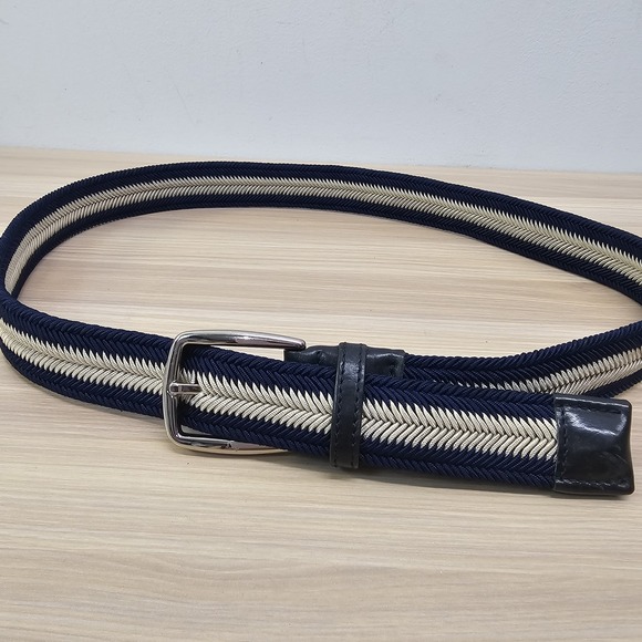 Braided Italian Belt Men‎ 36 M Navy Cream Solid Brass Buckle Nautical Prep ITALY